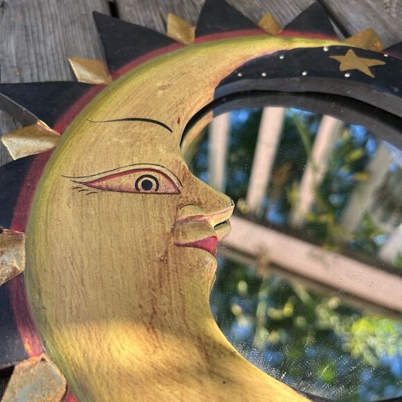 Vintage Wooden Celestial Sun, Moon and stars Wall Mirror from Indonesia 13" - Picture 7 of 16